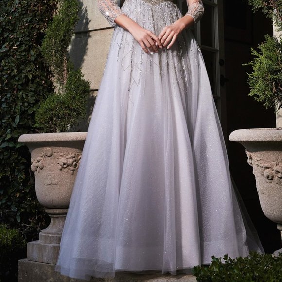 SILVER BEADED PROM PARTY WEDDING EVENING FORMAL A-LINE PUFF SLEEVE GOWN CD707 - Picture 2 of 7